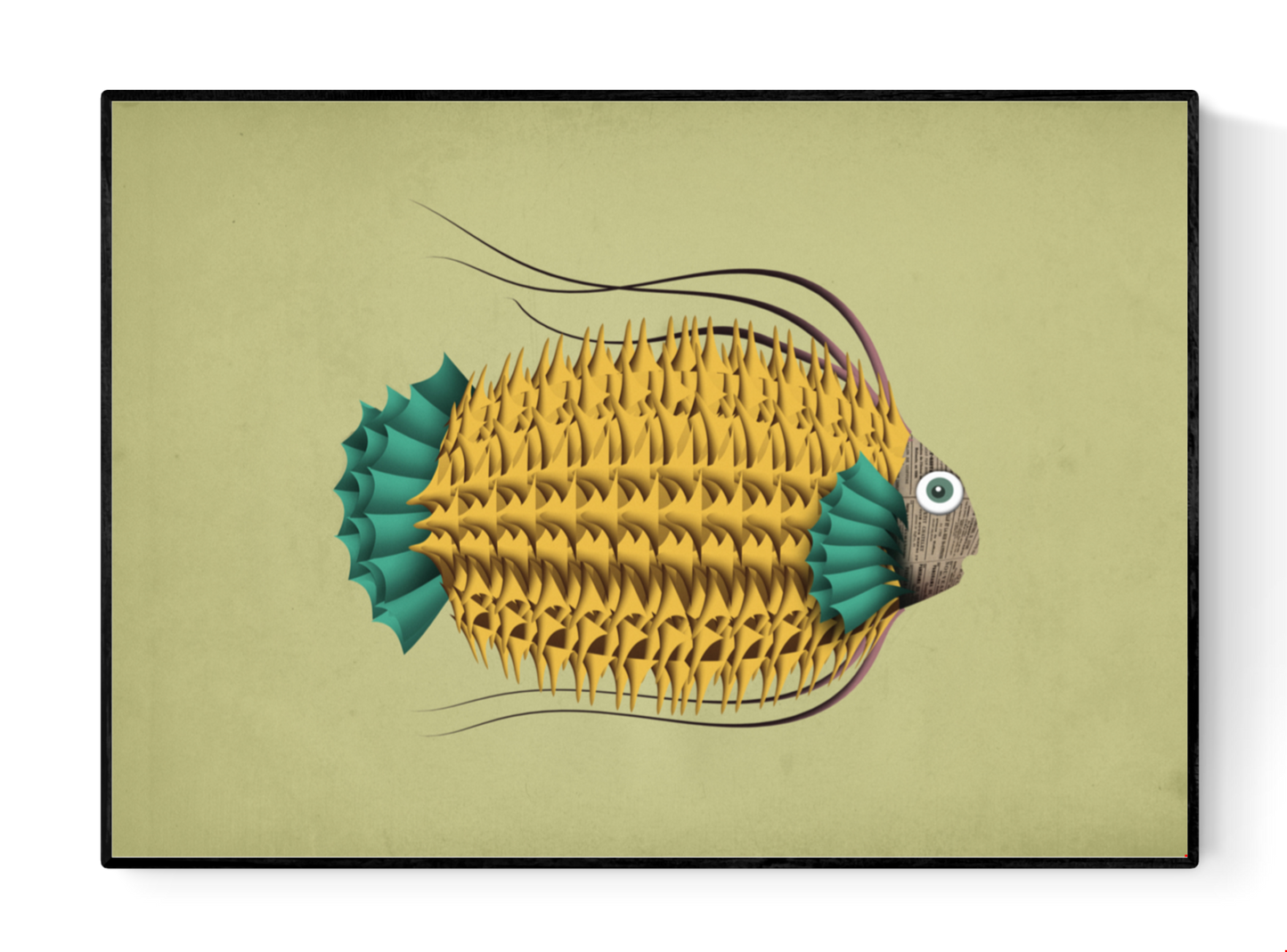 A4 art print titled Leon Le Poisson by Studio Frits – illustration of a yellow and teal fish with rich texture and whimsical details, printed on 300g paper, made in Belgium.