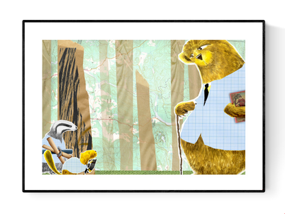 Whimsical collage-style illustrations by Studio Frits from the 'Animal School' series, featuring charming woodland creatures—bears, badgers, rabbits, and ducks—engaging in school-like scenes set in stylized forest environments. Created with layered textures, vintage maps, and paper cutout effects, these playful and imaginative prints are perfect for children’s rooms, creative spaces, and storybook-themed decor