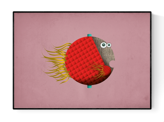 Playful digital illustration of a quirky red fish with yellow fins on a pink background – Manuel Pescado by Studio Frits, 21 x 29.7 cm Belgian art print.