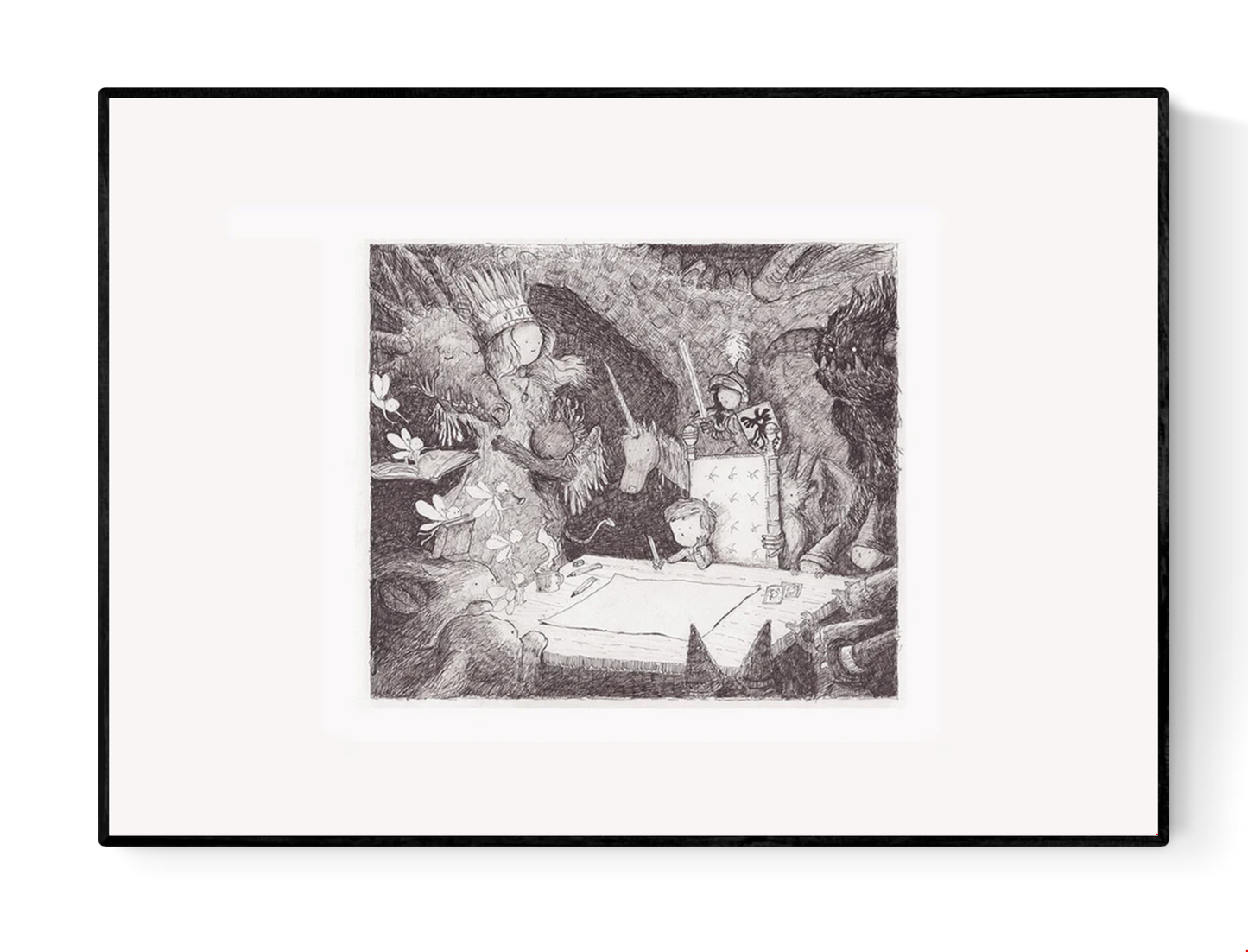 Black-and-white surreal illustration titled "stuck" by Belgian artist Willy Leung, featuring dreamlike characters and a forest scene surrounding a large blank page, printed as a 30x40 cm archival giclée on Hahnemühle Photo Rag paper.