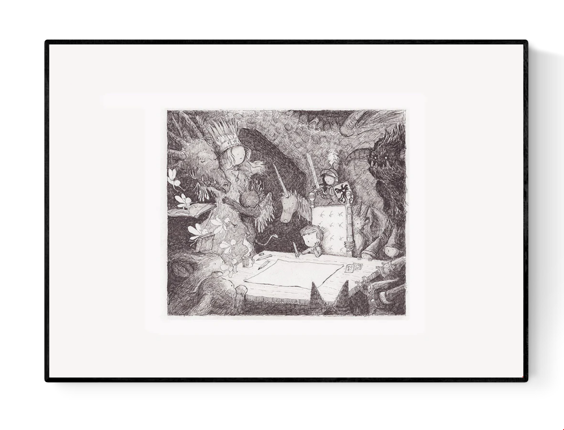 Black-and-white surreal illustration titled "stuck" by Belgian artist Willy Leung, featuring dreamlike characters and a forest scene surrounding a large blank page, printed as a 30x40 cm archival giclée on Hahnemühle Photo Rag paper.