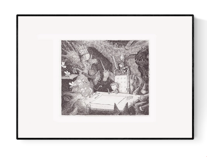 Black-and-white surreal illustration titled "stuck" by Belgian artist Willy Leung, featuring dreamlike characters and a forest scene surrounding a large blank page, printed as a 30x40 cm archival giclée on Hahnemühle Photo Rag paper.