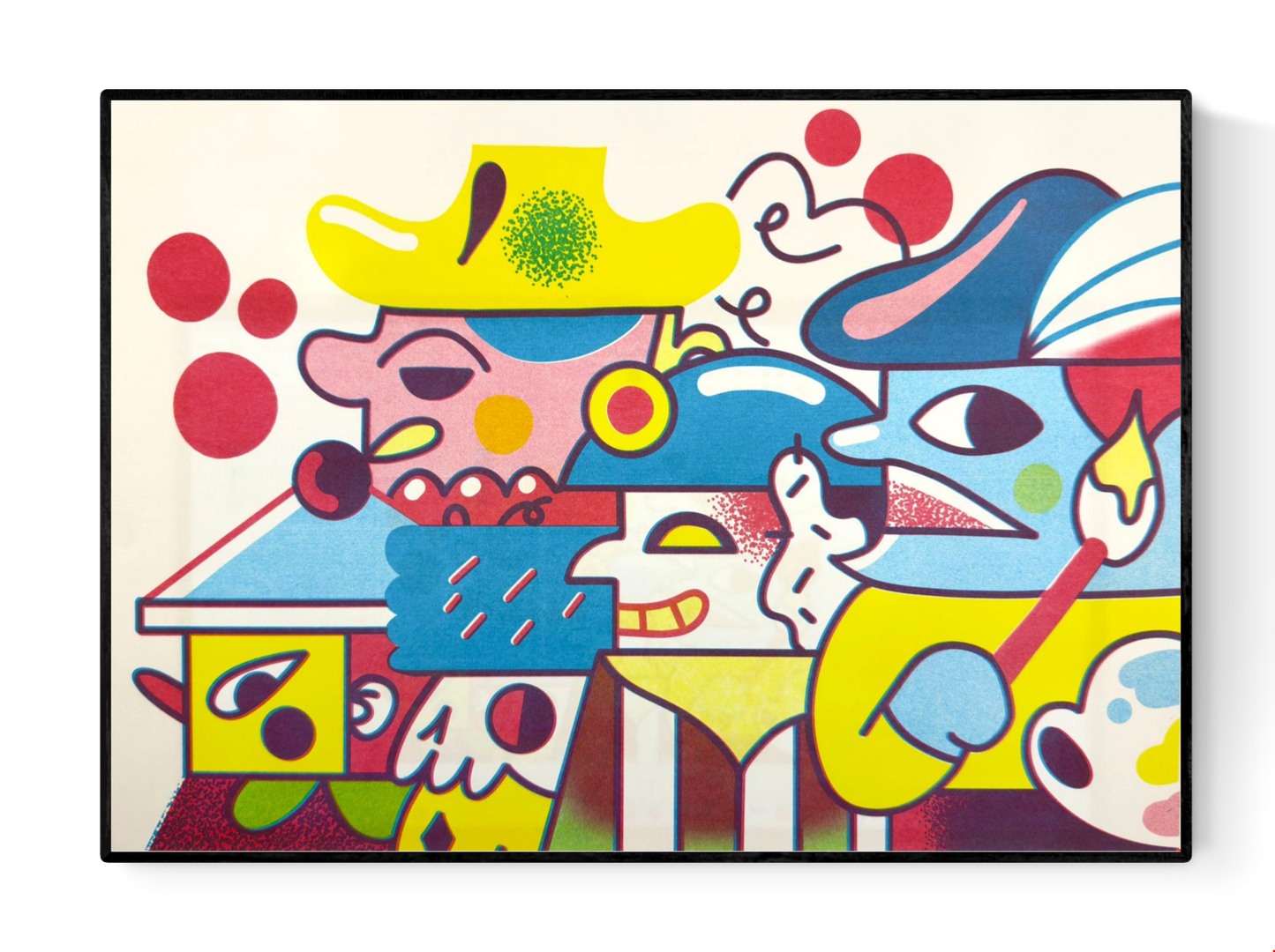 Vibrant A3 risograph print “Plaza Parade” by Auwnanas featuring bold geometric shapes, colourful surreal characters and playful street-parade energy; limited edition modern art print made in Belgium, perfect for contemporary interiors and design lovers seeking bright, quirky wall art.