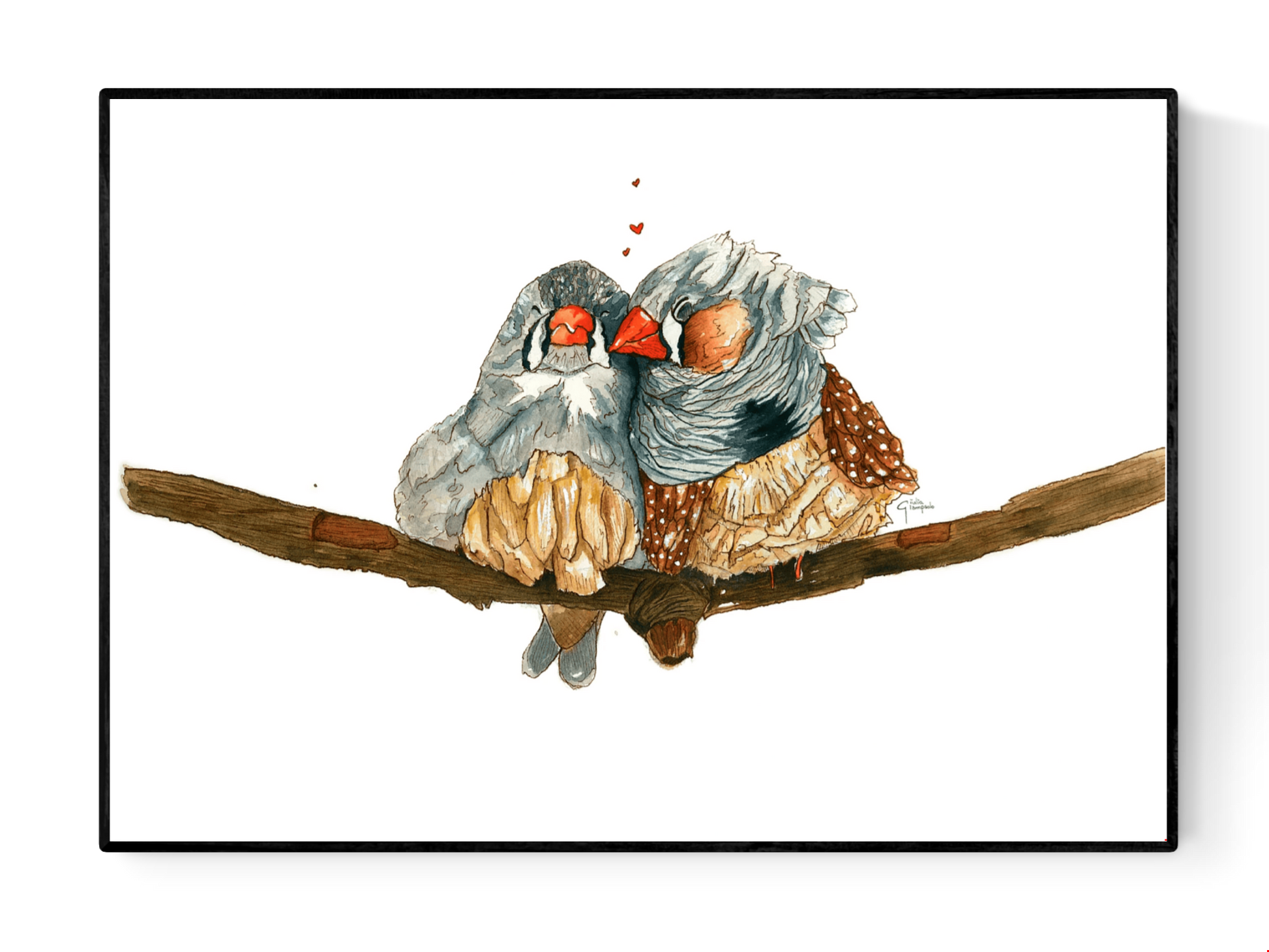 Watercolor illustration of two mandarin diamond finches sitting close together on a branch, symbolizing love and tenderness, soft neutral tones, poetic nature art print by Giu, A3 contemporary wall art.