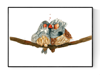 Watercolor illustration of two mandarin diamond finches sitting close together on a branch, symbolizing love and tenderness, soft neutral tones, poetic nature art print by Giu, A3 contemporary wall art.