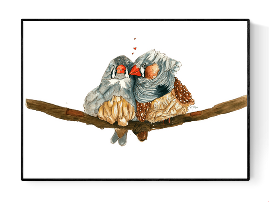Watercolor illustration of two mandarin diamond finches sitting close together on a branch, symbolizing love and tenderness, soft neutral tones, poetic nature art print by Giu, A3 contemporary wall art.