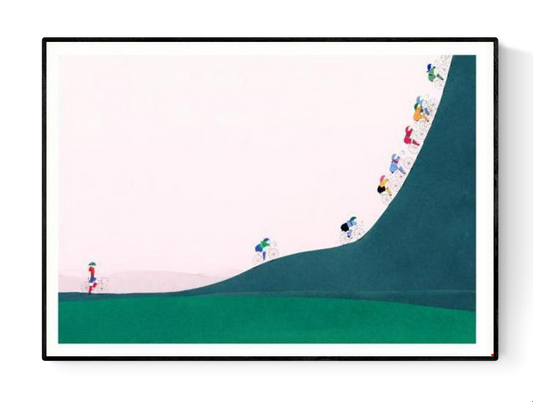 Four-color risograph art print La montée by Viola Amman showing colorful cyclists climbing a steep green hill against a pale background. Minimalist, playful wall art full of motion and optimism, ideal for cycling lovers and modern interiors.