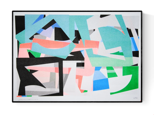 Colorful abstract risograph print by French artist Chufy titled Carré rond, featuring overlapping geometric shapes in green, blue, pink, and black tones. Limited edition A3 art print on Munken Print White 150g paper — modern wall art for design and color lovers.