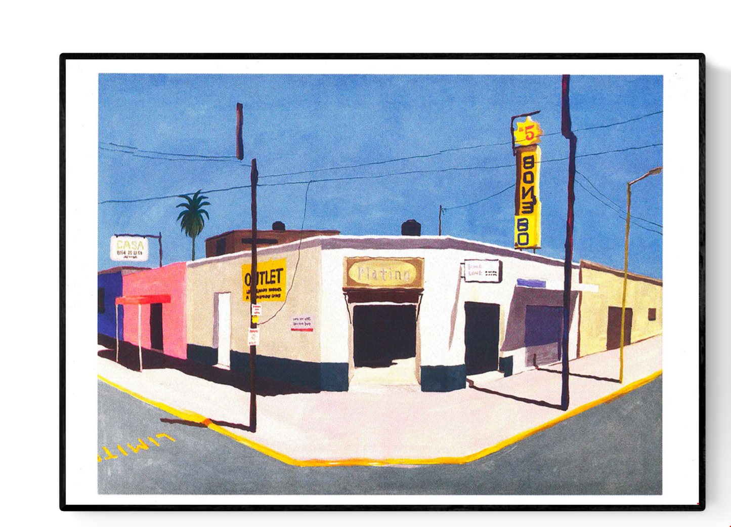 Colorful risograph art print by Japanese illustrator Nao Tatsumi depicting a sunlit street corner in Del Fresno, Mexico City, with vintage signage, palm tree, and pastel buildings under a blue sky — urban landscape art inspired by Google Street View photography, printed on Munken paper, perfect for design and travel lovers.