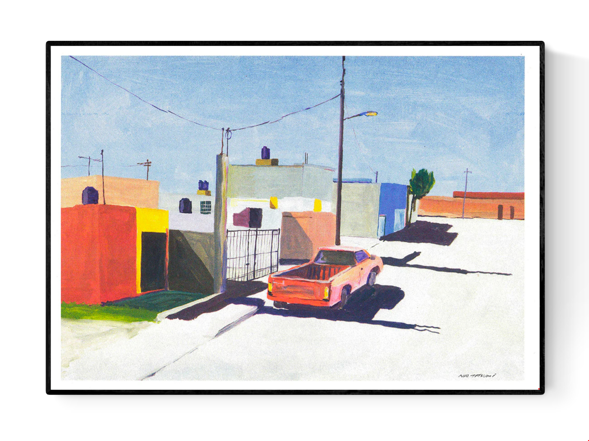 Risograph art print of San Luis Potosi, Mexico City by Japanese artist Nao Tatsumi. A colorful urban street scene featuring pastel buildings and a red pickup truck under bright sunlight, capturing the beauty of everyday Mexican architecture in a minimalist, painterly style.