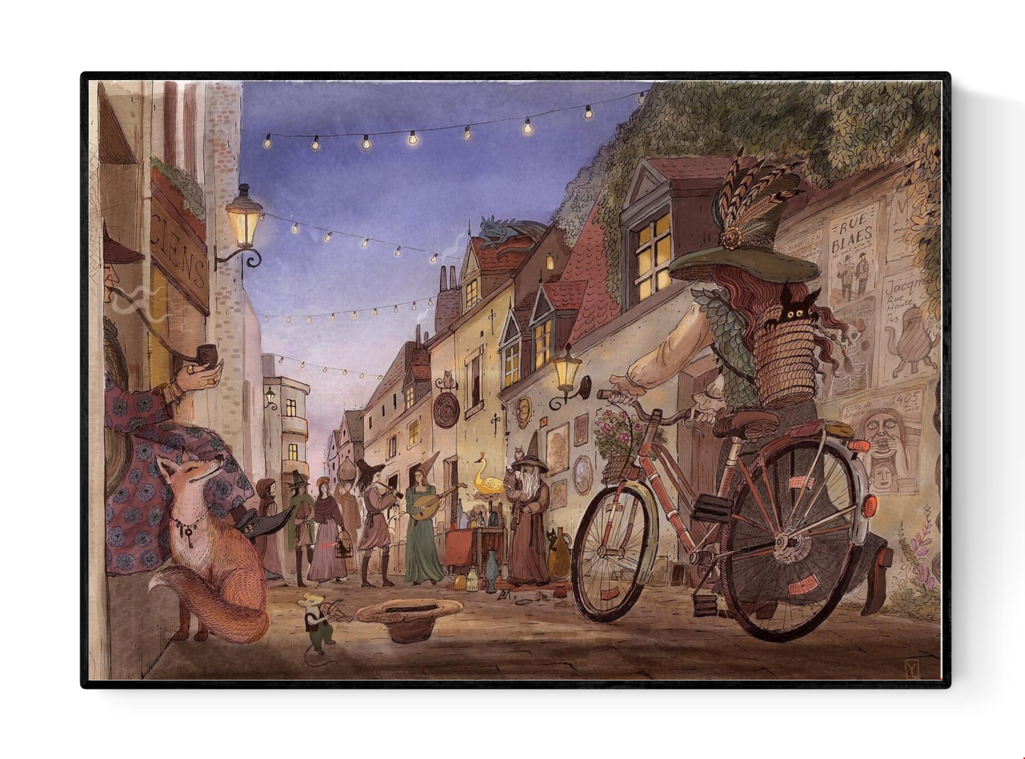 Whimsical illustration of a magical Brussels street by night with lanterns, costumed characters, and animals by Lena Yampolski – A4 fantasy folklore giclée print.