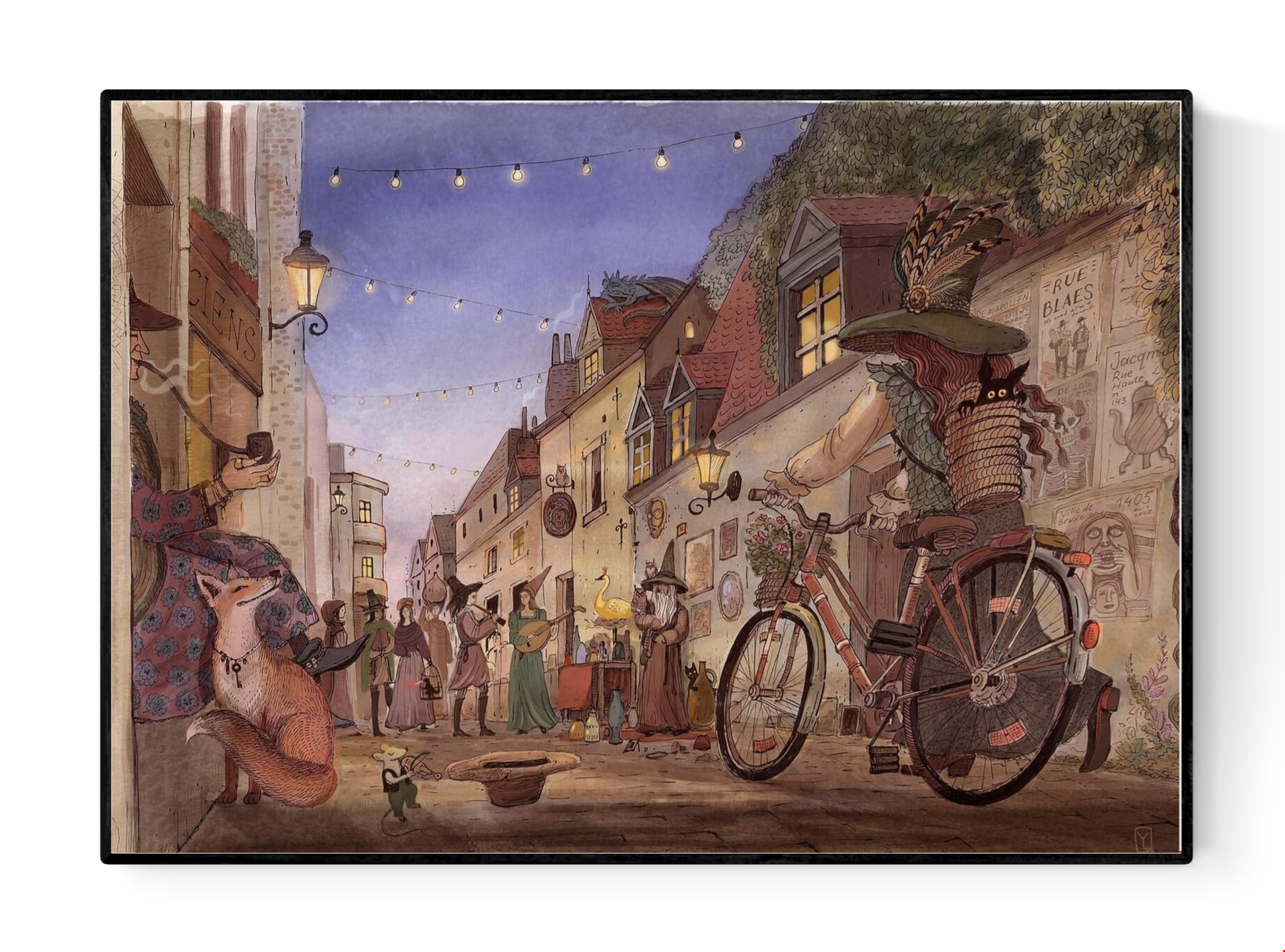 Whimsical illustration of a magical Brussels street by night with lanterns, costumed characters, and animals by Lena Yampolski – A4 fantasy folklore giclée print.