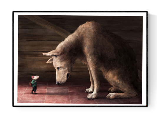 High-quality digital art print A House for Mouse by Stien van Kerckhoven, showing a touching moment between a small mouse with a backpack and a large wolf inside a wooden cabin, symbolizing friendship, courage, and tenderness — perfect wall art for cozy, emotional interiors.