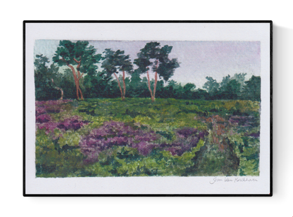Peaceful countryside landscape print titled Landscape 3 by Belgian illustrator Stien van Kerckhoven, featuring green heath fields and purple wildflowers – A5 size fine art print made in Belgium.