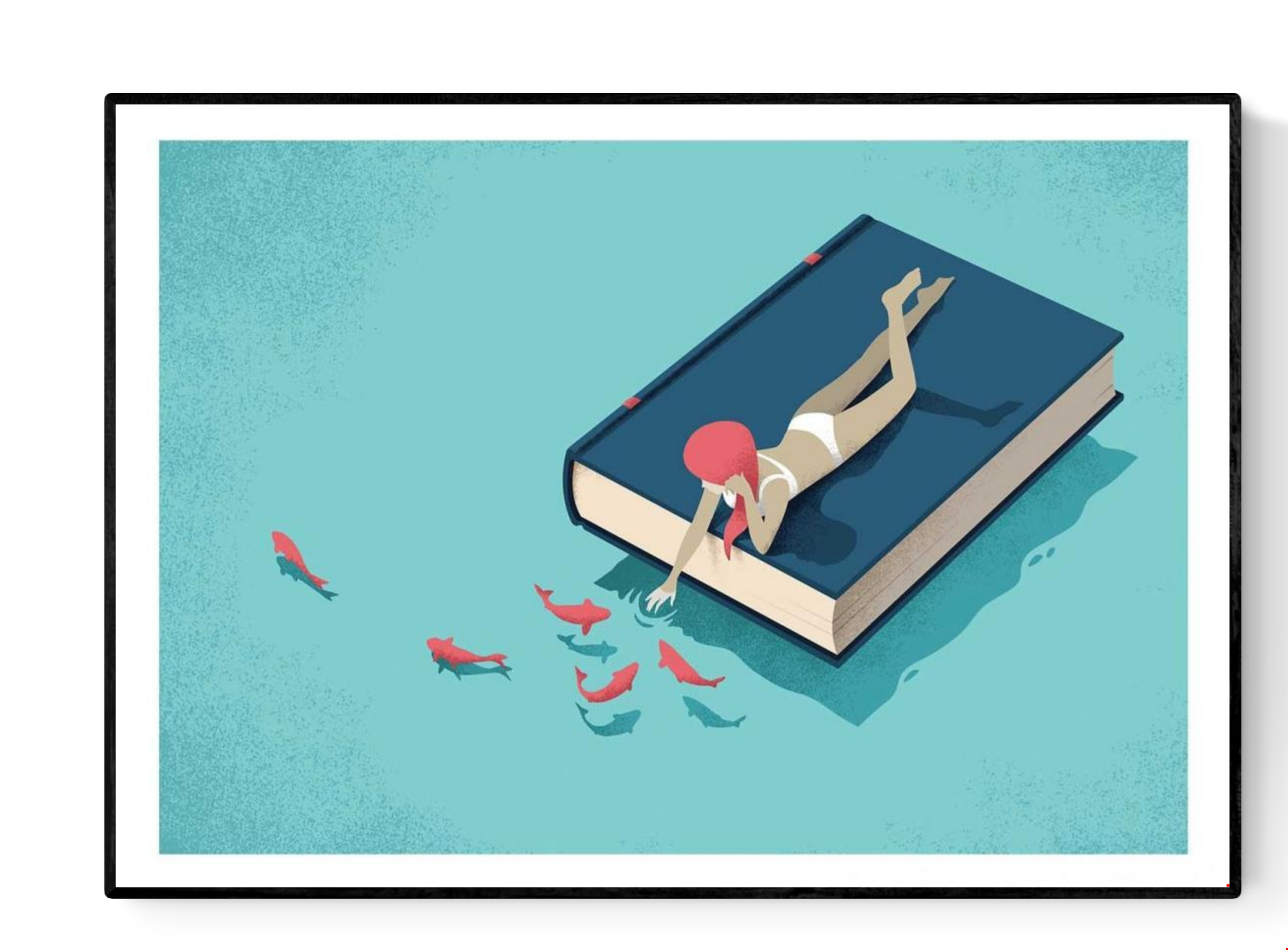 Art print Relaxing by Andrea de Santis showing a woman in a white swimsuit lying on a large blue book floating on turquoise water, reaching toward red fish — a surreal minimalist illustration symbolizing imagination, reading, and tranquility.