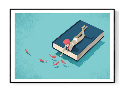 Art print Relaxing by Andrea de Santis showing a woman in a white swimsuit lying on a large blue book floating on turquoise water, reaching toward red fish — a surreal minimalist illustration symbolizing imagination, reading, and tranquility.