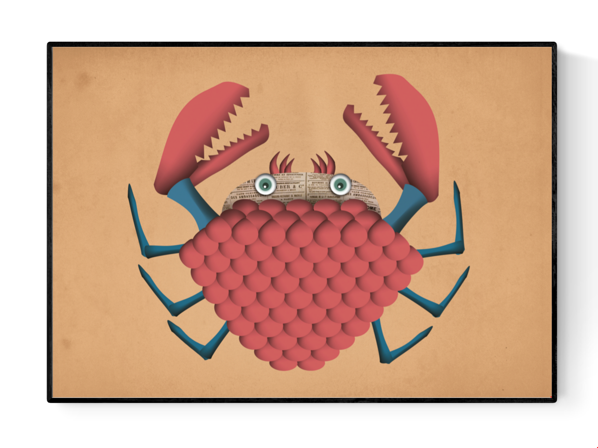 Whimsical art print ‘Desmond Crab’ by Studio Frits featuring a quirky red crab with newspaper eyes and geometric textures. Playful wall decor for ocean lovers, children's rooms, or eclectic interior spaces. Available at Galerie Frits