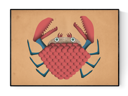 Whimsical art print ‘Desmond Crab’ by Studio Frits featuring a quirky red crab with newspaper eyes and geometric textures. Playful wall decor for ocean lovers, children's rooms, or eclectic interior spaces. Available at Galerie Frits