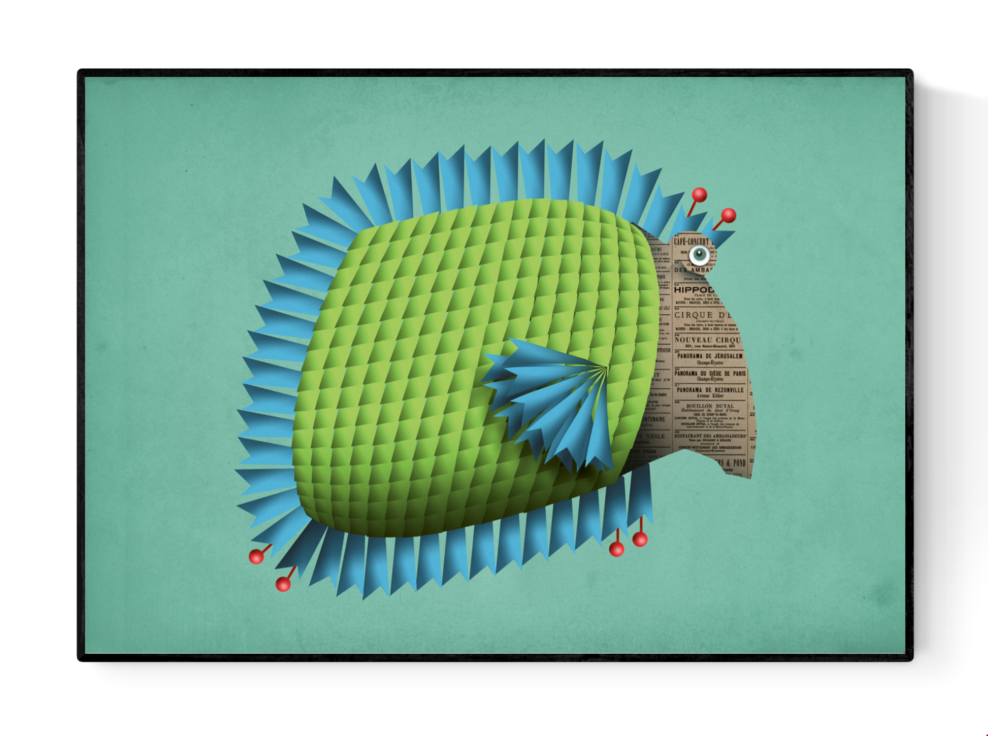 "Edith la Poissonne" art print by Studio Frits – whimsical digital illustration of a stylized green fish with blue spines, newspaper-textured face, and red accents, perfect for modern interiors, kids' decor, and lovers of quirky aquatic art, available at Galerie Frits