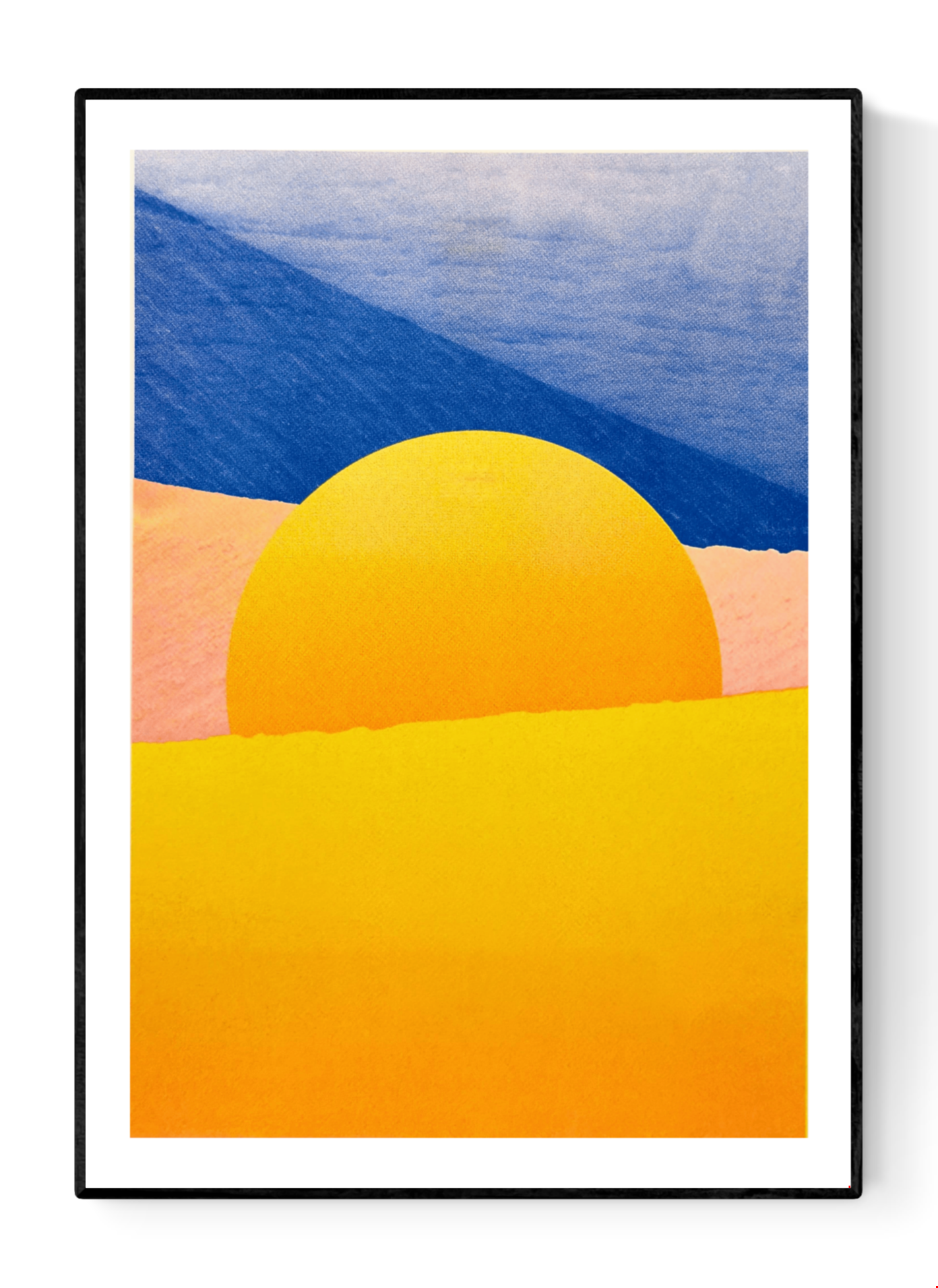 Minimalist desert art print with bold yellow sun and African dune landscape in vivid blue, orange, and peach tones by Dutch artist PTRVRKD – A3 risograph print, limited edition, eco-friendly ink.