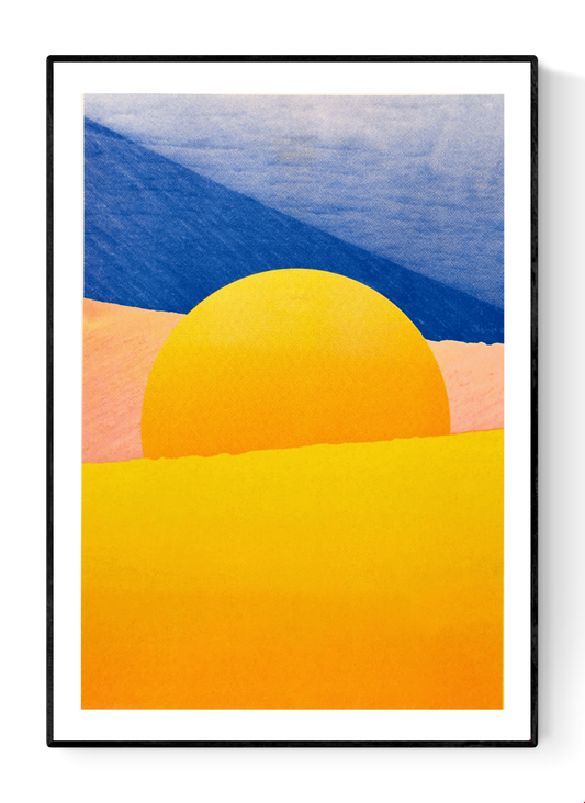 Minimalist desert art print with bold yellow sun and African dune landscape in vivid blue, orange, and peach tones by Dutch artist PTRVRKD – A3 risograph print, limited edition, eco-friendly ink.