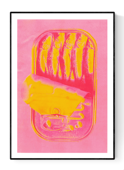 Colorful risograph print of an open sardine can in vibrant pink and yellow tones by PTRVRKD, handmade in The Netherlands, A4 art print on 250gsm Biotop paper – perfect for modern, quirky home decor.