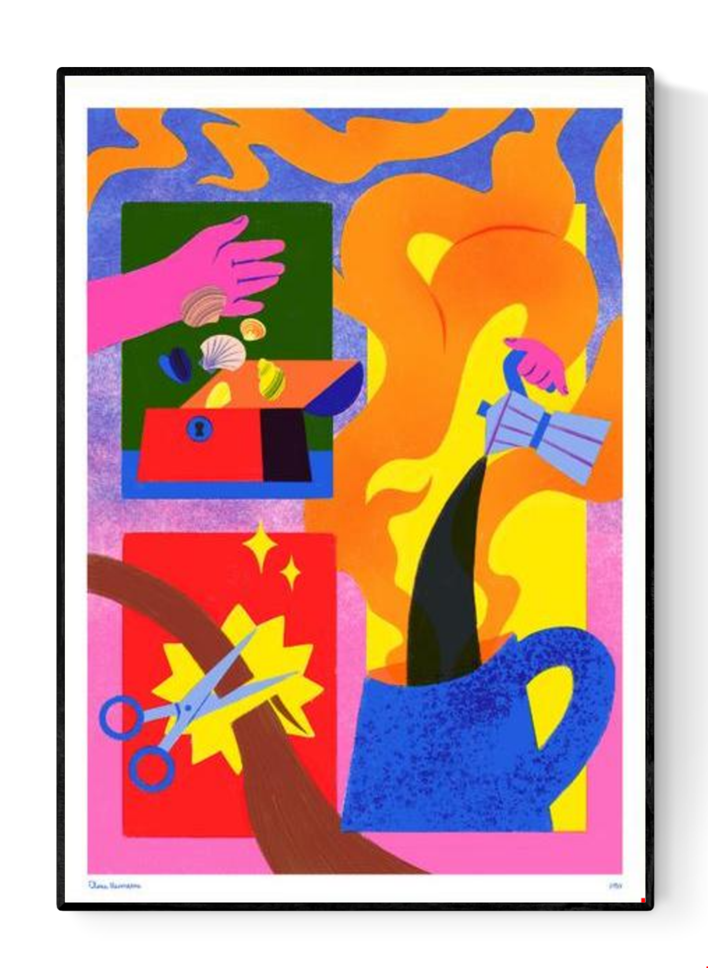 Limited edition A3 risograph print titled “Back to Business” by Clara Hinoveanu, featuring vibrant abstract figures, expressive hands, and everyday work symbols in bold pink, orange, blue, and yellow tones, printed on Munken Print White paper in Belgium.