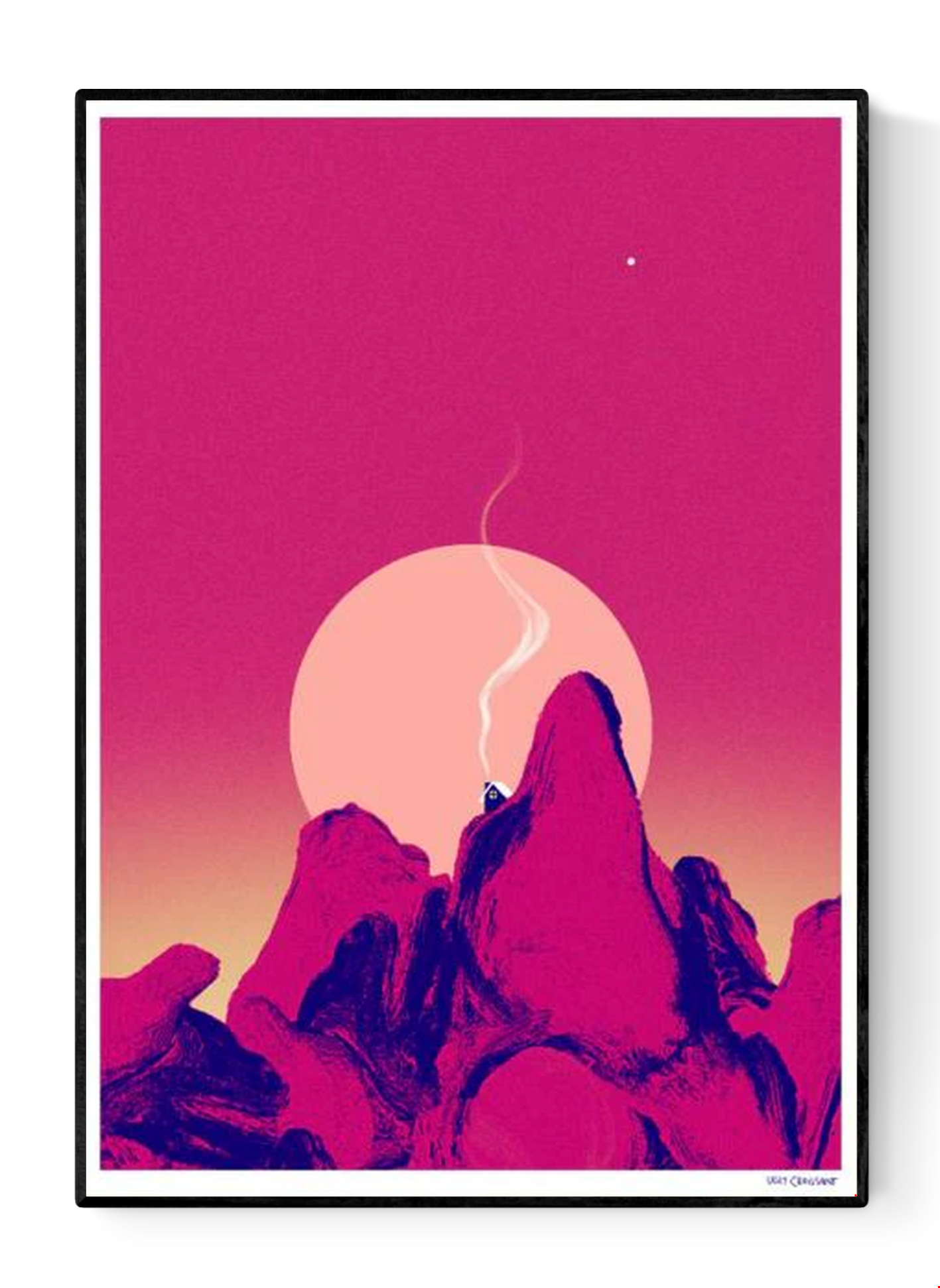 Colorful risograph art print La nuit porte conseil by Ugly Croissant, featuring surreal pink and purple mountain silhouettes under a glowing sun and night sky. Limited edition A3 print, numbered and signed by Belgian artist Kathleen Wijns — perfect for modern, dreamy interiors.
