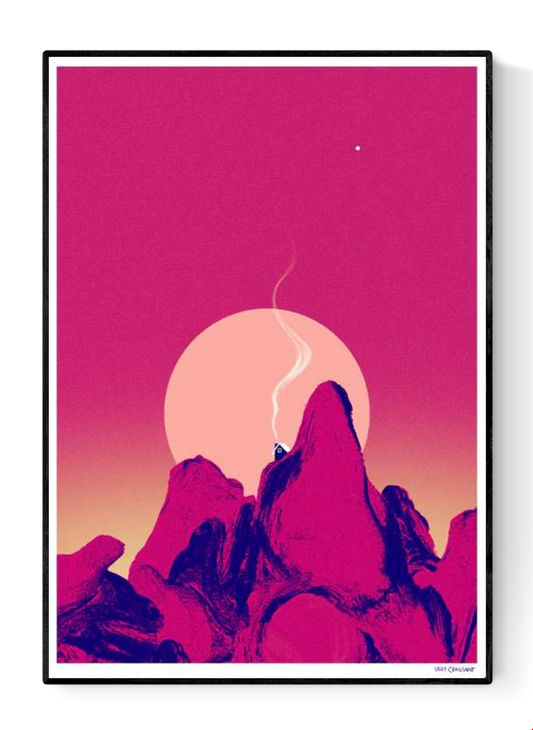 Colorful risograph art print La nuit porte conseil by Ugly Croissant, featuring surreal pink and purple mountain silhouettes under a glowing sun and night sky. Limited edition A3 print, numbered and signed by Belgian artist Kathleen Wijns — perfect for modern, dreamy interiors.