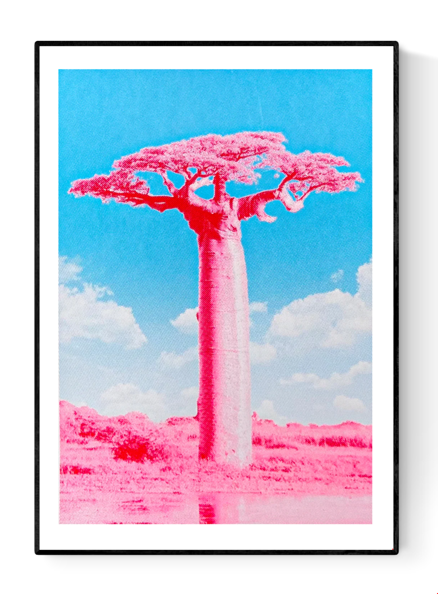Fluor pink and blue silkscreen art print of a Baobab tree by PTRVRKD, modern handmade A2 screen print on 250 gsm paper, limited edition of 25.