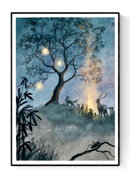 Dreamlike digital art print Boom by Belgian illustrator Stien van Kerckhoven, showing forest animals gathered around a glowing fire under a tree with lanterns — a magical night scene evoking peace, warmth, and wonder. Perfect wall art for cozy, nature-inspired interiors.