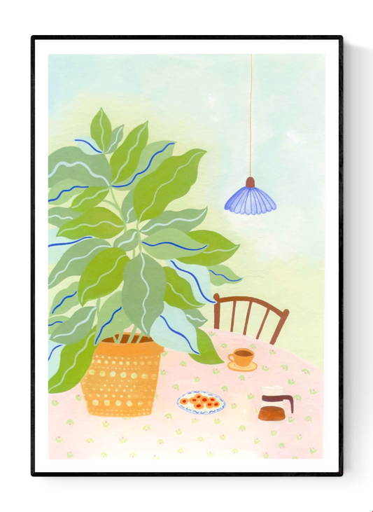 A3 illustration "Coffee Plant" by Leens showing a large leafy plant in a yellow pot, a table with a pink floral cloth, coffee cup, cookies, and carafe. Ideal for cozy kitchen or slow living decor.