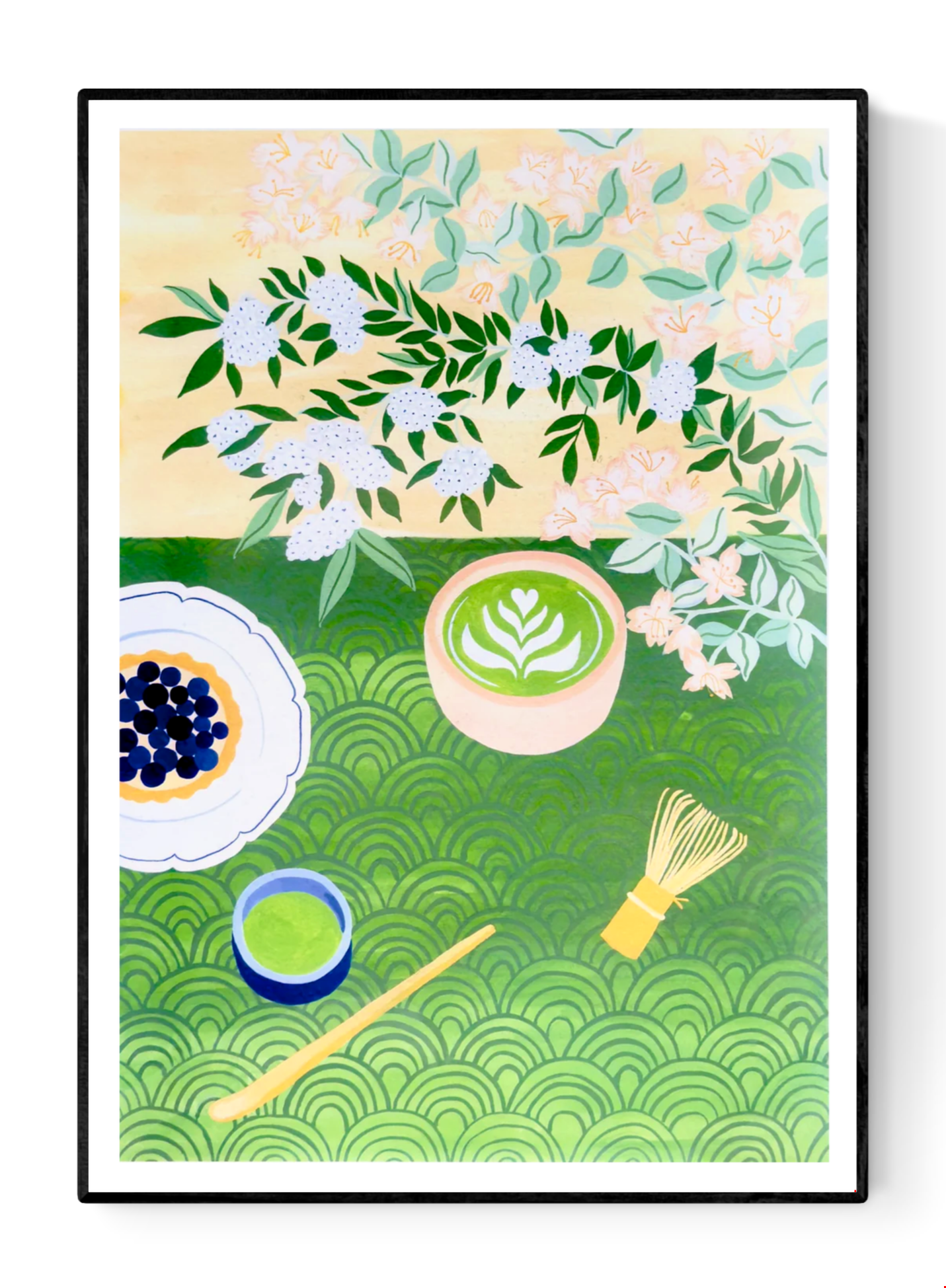 A3 art print "Matcha Time" by Leens featuring a flat-lay composition with a matcha latte in a ceramic bowl, bamboo whisk, green tea cup, tart with blueberries, floral branches, and Japanese wave patterns. Perfect for tea lovers and kitchen decor.