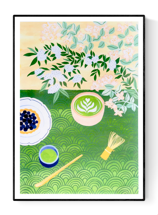 A3 art print "Matcha Time" by Leens featuring a flat-lay composition with a matcha latte in a ceramic bowl, bamboo whisk, green tea cup, tart with blueberries, floral branches, and Japanese wave patterns. Perfect for tea lovers and kitchen decor.