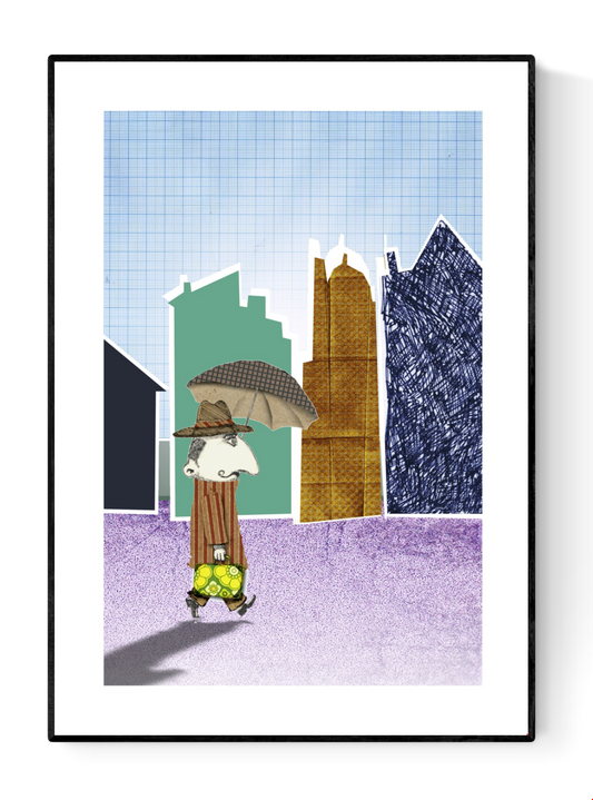 Playful art print of Mister Jenkins walking through a stylized city with a yellow suitcase and umbrella, illustrated by Studio Frits. Printed on A4 300g paper, made in Belgium.