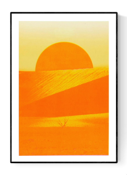 Risograph art print ‘Sossusvlei’ by PTRVRKD, featuring a bright orange desert landscape with a rising sun, minimal dunes, and a solitary dry tree, printed on Munken Pure Rough paper in A3 size. Limited-edition modern landscape artwork inspired by the Namib Desert.