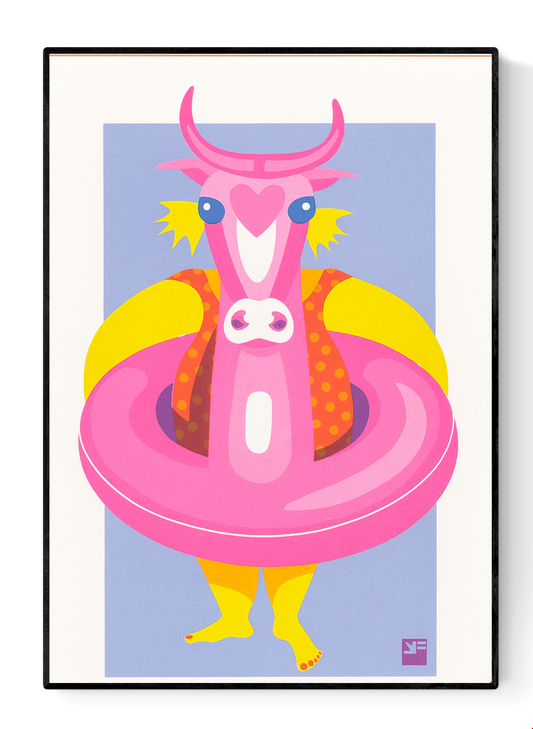 Playful risograph illustration of a child with a large pink inflatable cow float at the beach, in vibrant summer colors – Kid with Floating Cow by VrijFormaat – A4 art print.
