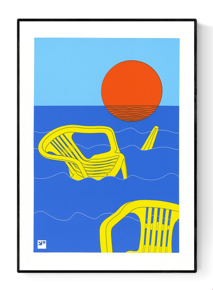 Bold graphic artwork by VrijFormaat depicting bright yellow plastic chairs adrift in deep blue ocean waves under a striking red sun. A minimalist, surreal scene evoking themes of climate change, nostalgia, and stillness—perfect for modern interiors and collectors of conceptual, thought-provoking art