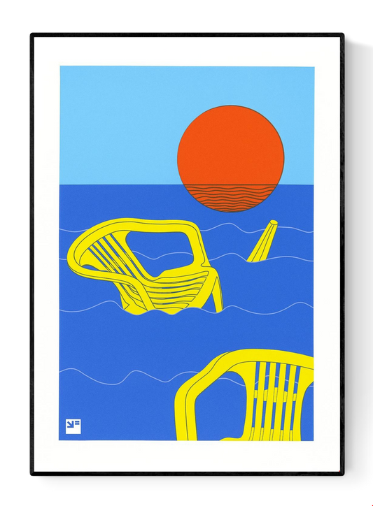 Bold graphic artwork by VrijFormaat depicting bright yellow plastic chairs adrift in deep blue ocean waves under a striking red sun. A minimalist, surreal scene evoking themes of climate change, nostalgia, and stillness—perfect for modern interiors and collectors of conceptual, thought-provoking art