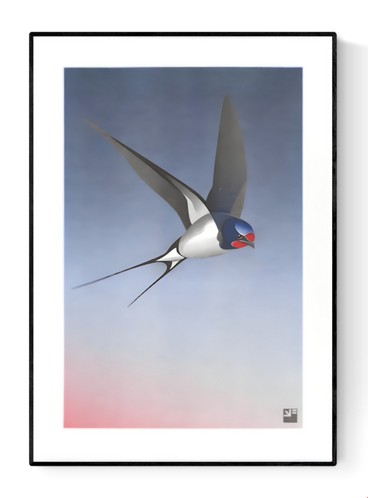Elegant and minimalist illustration by Vrijformaat titled 'Barn Swallow,' featuring a sleek swallow in mid-flight against a smooth gradient background that transitions from soft pink to deep blue. This refined composition captures the grace and motion of the bird with clean lines and subtle texture—ideal for nature lovers, bird enthusiasts, and fans of serene, contemporary design