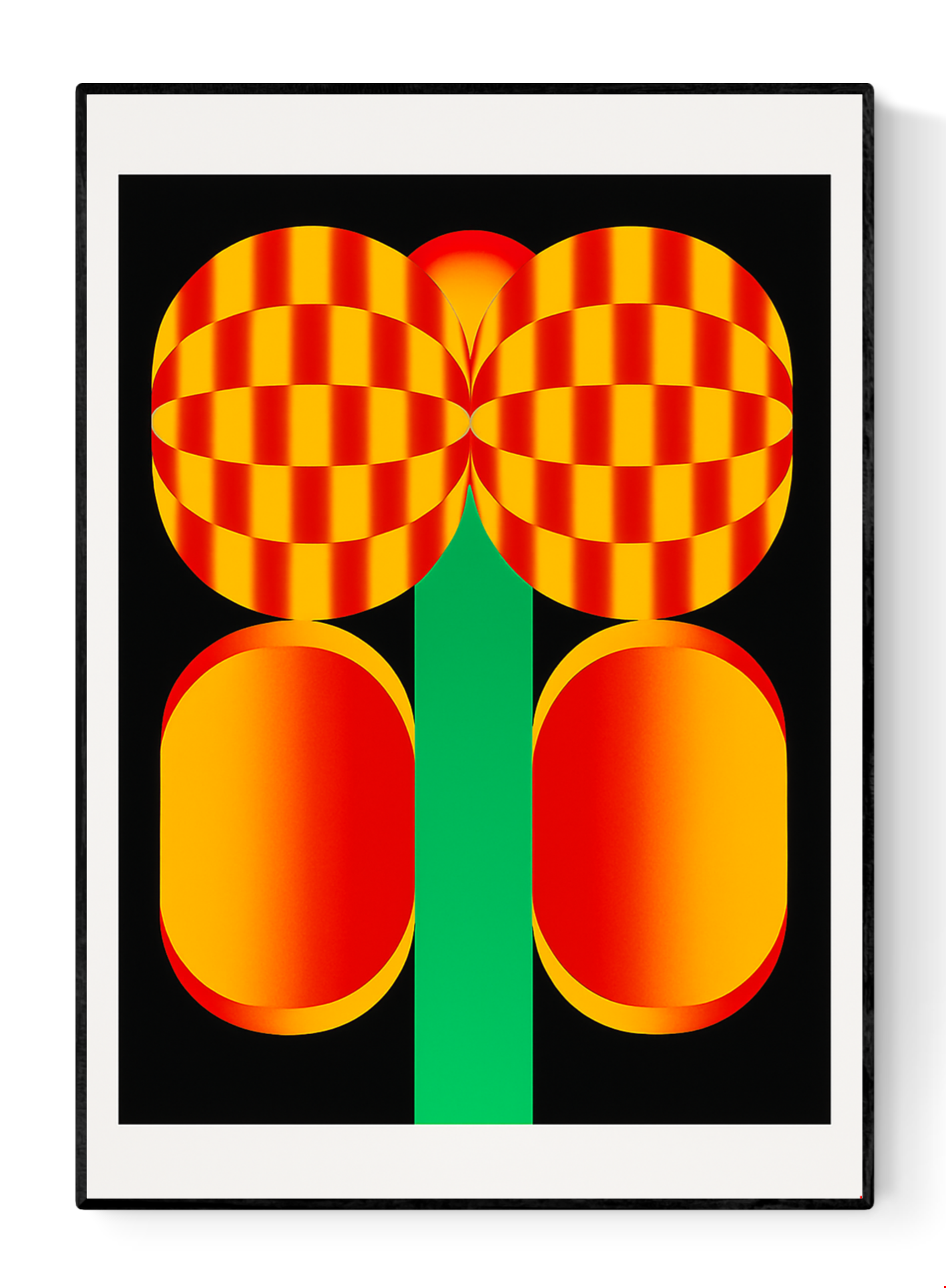 Bold graphic screenprint of a stylized red and yellow flower with geometric shapes on a black background – popping flower by PTRVRKD, 40 x 50 cm limited edition art print made in the Netherlands.