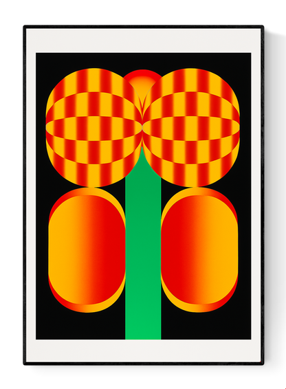 Bold graphic screenprint of a stylized red and yellow flower with geometric shapes on a black background – popping flower by PTRVRKD, 40 x 50 cm limited edition art print made in the Netherlands.