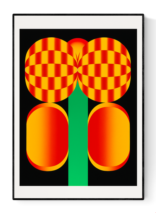 Bold graphic screenprint of a stylized red and yellow flower with geometric shapes on a black background – popping flower by PTRVRKD, 40 x 50 cm limited edition art print made in the Netherlands.