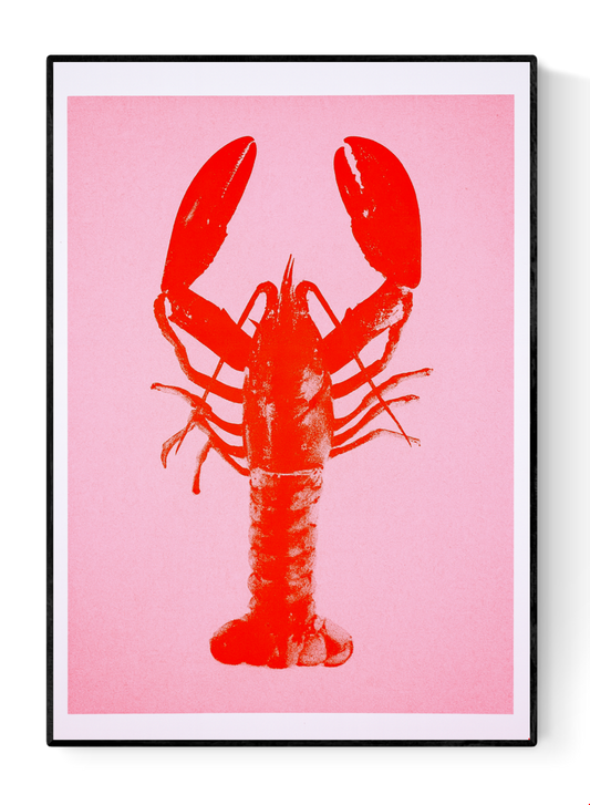 Bright red lobster illustration on soft pink background, minimalist A4 risograph print by PTRVRKD, modern coastal wall art handmade in the Netherlands.