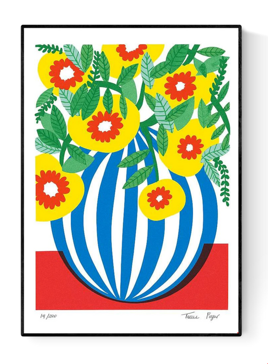 Blue Stripes Pot by Teresa Rego – colorful botanical art print featuring a bold blue-and-white striped vase with vibrant yellow, red, and green flowers, modern floral illustration for home decor, available at Galerie Frits