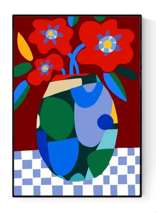 Burgundy on Check by Teresa Rego – colorful abstract floral art print with red flowers in a geometric vase on a checkered tablecloth, bold contemporary design perfect for modern home decor, available at Galerie Frits