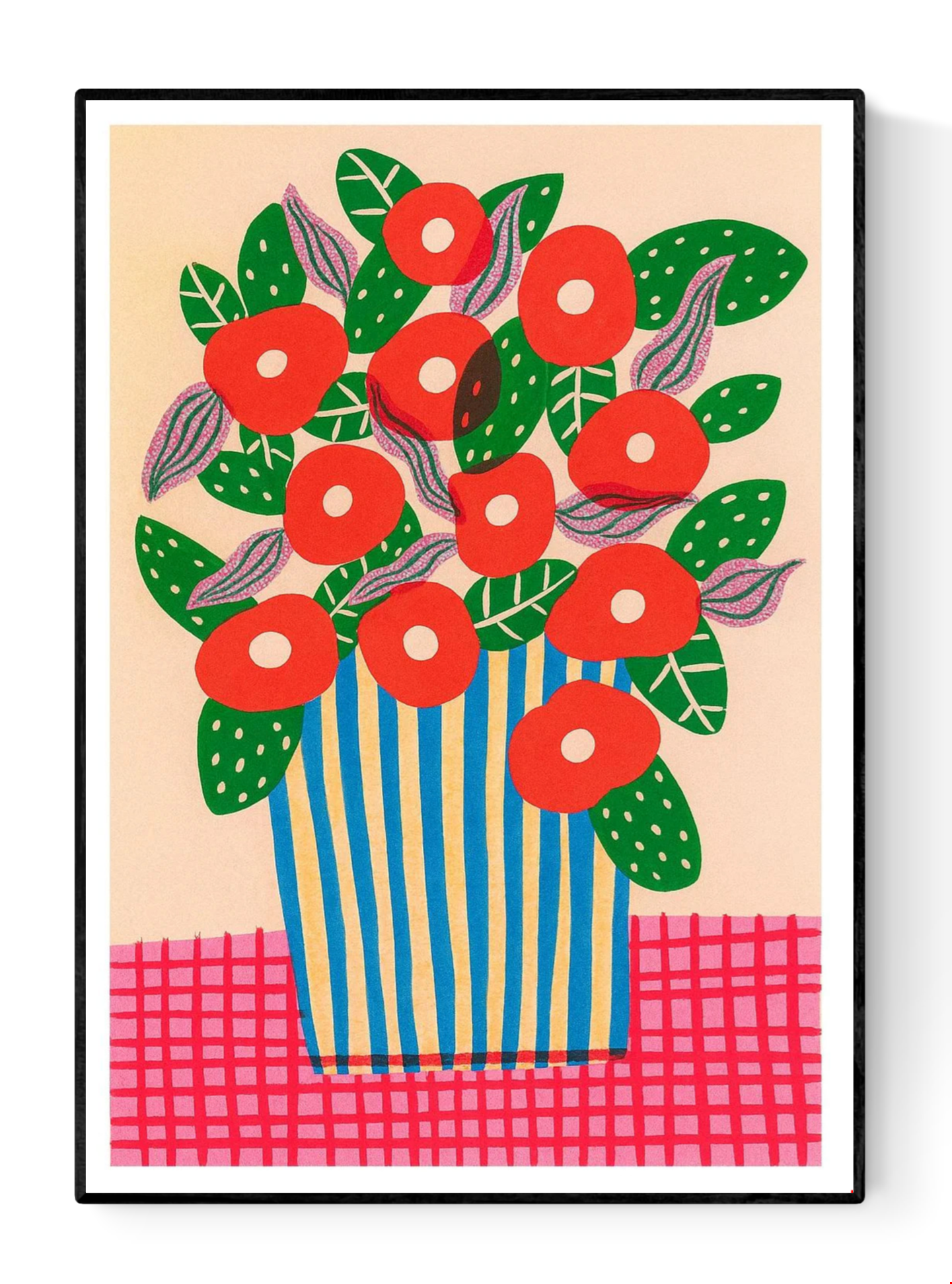 Colorful art print of red poppies in a striped vase by Teresa Rego – bold floral illustration with green leaves, purple accents and a pink checkered tablecloth, perfect for brightening up modern interiors