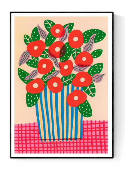 Colorful art print of red poppies in a striped vase by Teresa Rego – bold floral illustration with green leaves, purple accents and a pink checkered tablecloth, perfect for brightening up modern interiors