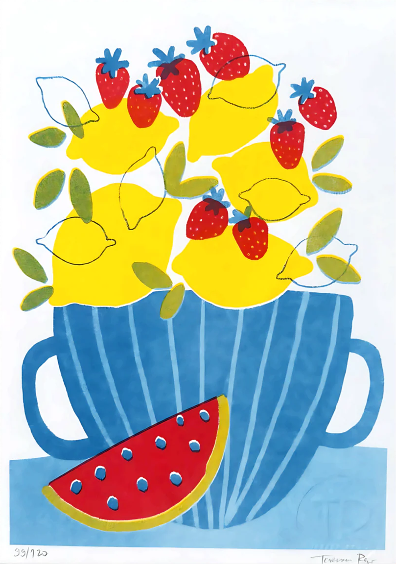 A5 risograph art print titled Lemonade by Teresa Rego, featuring a colorful blue cup filled with lemons, strawberries, and a slice of watermelon – limited edition Portuguese illustration on 150g paper.