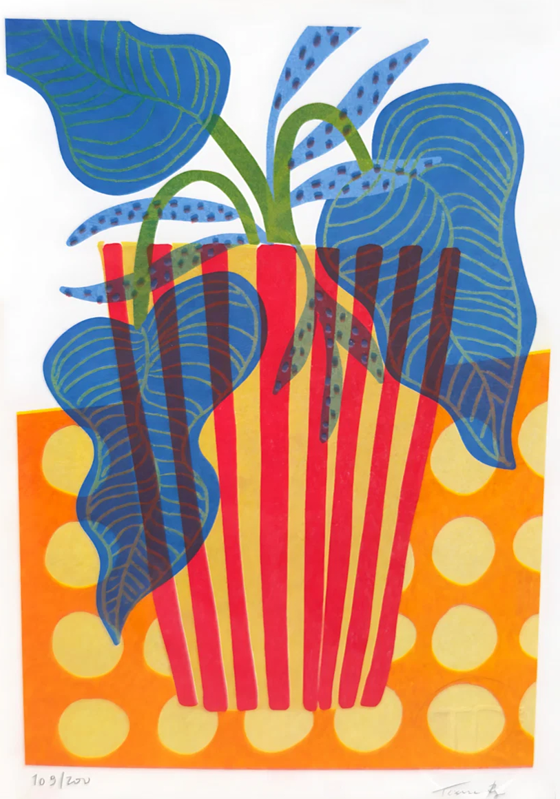 Colourful vertical giclée print by Teresa Rego featuring white flowers in a striped aubergine-shaped pot, with bold pink, red and green patterns for modern wall decor.